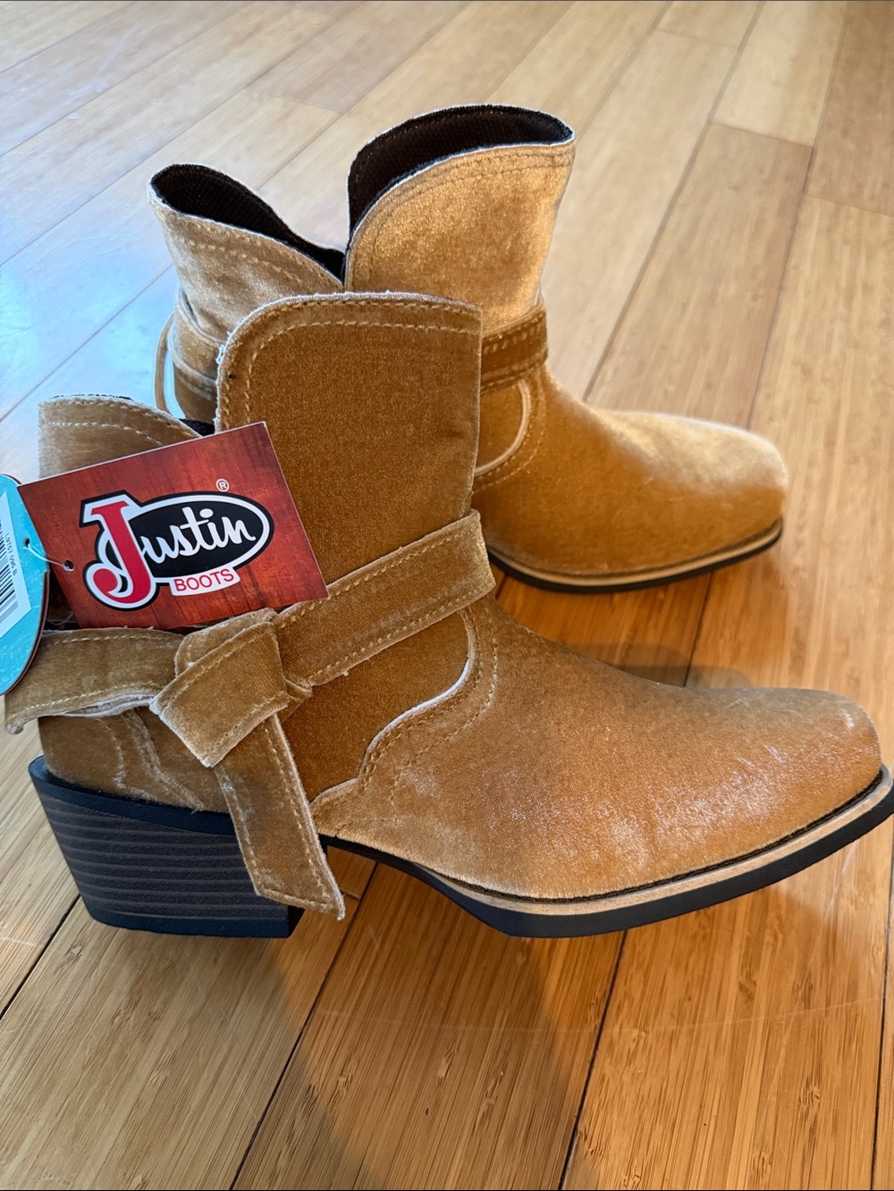 Justin Boots Tan Velvet Ankle Booties with Decorative Strap
